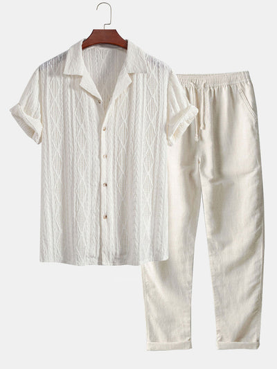 Geometrisches Jacquard-Hemd im kubanischen Stil und gerade geschnittene Leinenhose
