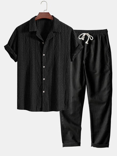 Geometrisches Jacquard-Hemd im kubanischen Stil und gerade geschnittene Leinenhose