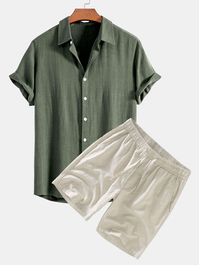 Hemd aus Leinen-Viskose-Mischgewebe mit Knopfleiste und Leinen-Shorts mit Kordelzug