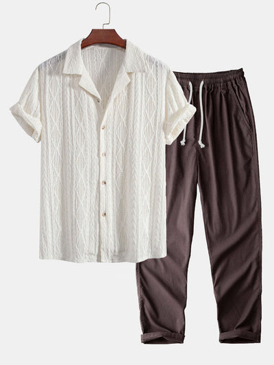 Geometrisches Jacquard-Hemd im kubanischen Stil und gerade geschnittene Leinenhose