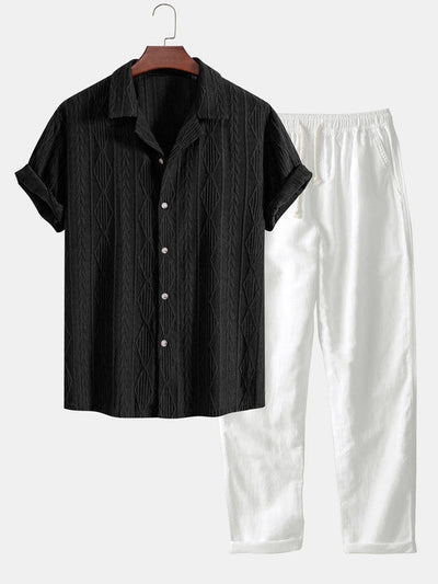 Geometrisches Jacquard-Hemd im kubanischen Stil und gerade geschnittene Leinenhose