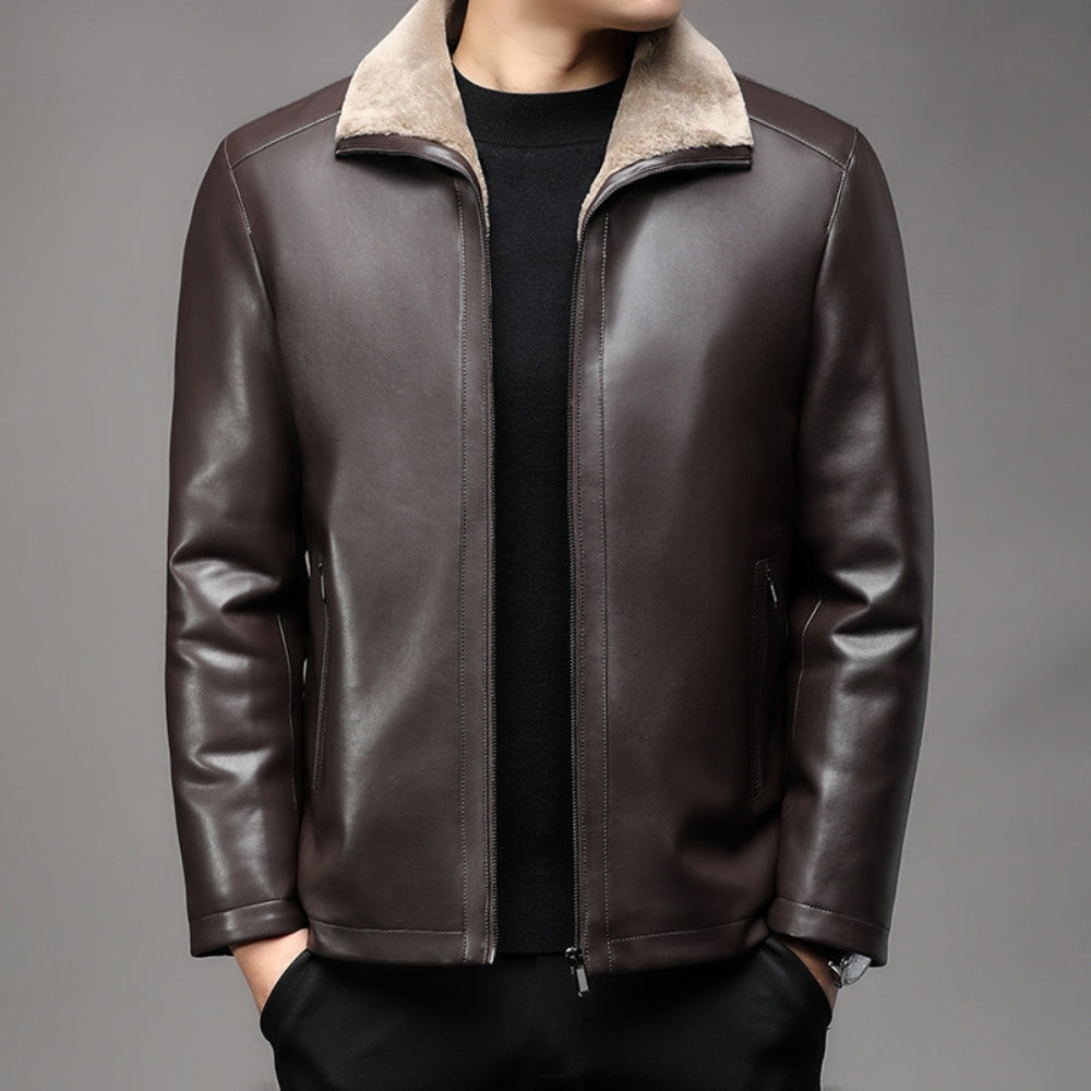 Old Money Lederjacke mit dickem Pelzkragen