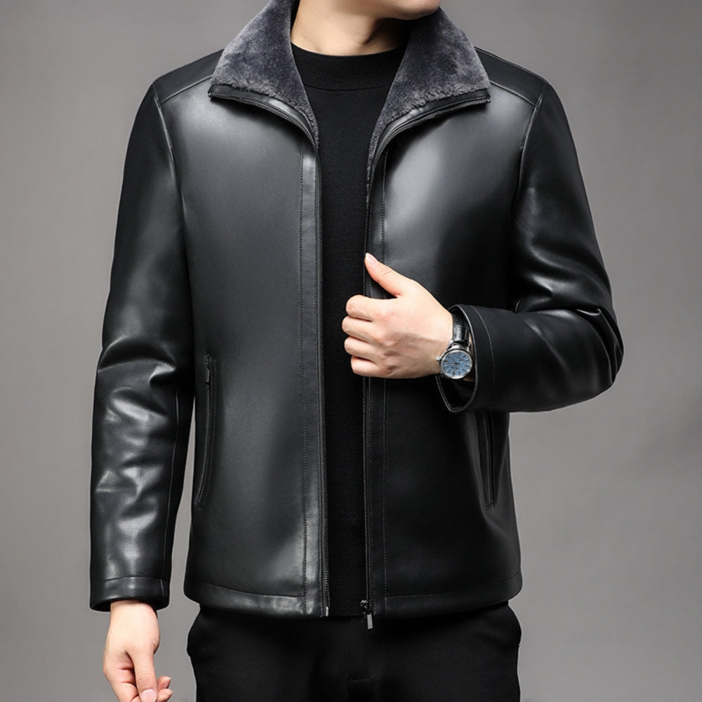 Old Money Lederjacke mit dickem Pelzkragen